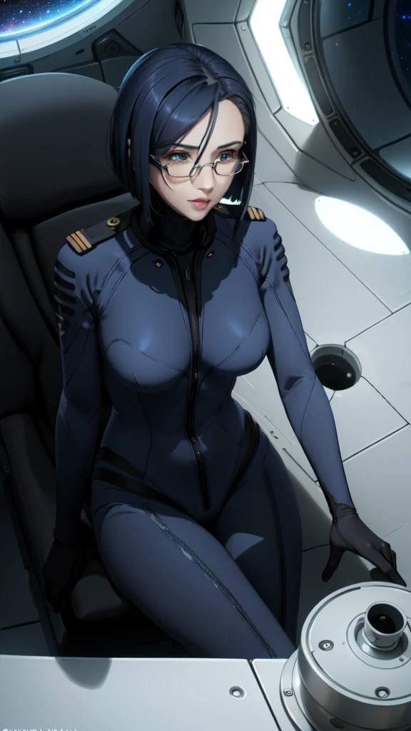 a beautiful young girl with short blue hair, a light smile, brown eyes, hair clips, lips, stud earrings, semi-rimless eyewear, wearing a glossy blue bodysuit, with a large buttocks and small breasts, (best quality,4K,8K,highres,masterpiece:1.2),ultra-detailed,(realistic,photorealistic,photo-realistic:1.37),highly detailed face, extremely detailed eyes and face, long eyelashes, beautiful detailed eyes, beautiful detailed lips, concept art, cinematic lighting, vibrant colors, hyper-realistic,((Navy blue bodysuit))(Glasses)((Inside the spaceship))((Sit on a chair and cross your legs))((Shiny bodysuit))