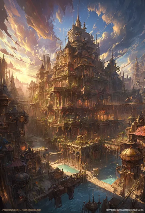 8k detailed steampunk city floating in the sky, elaborate architecture, mystical technology, dramatic lighting, dramatic clouds,...