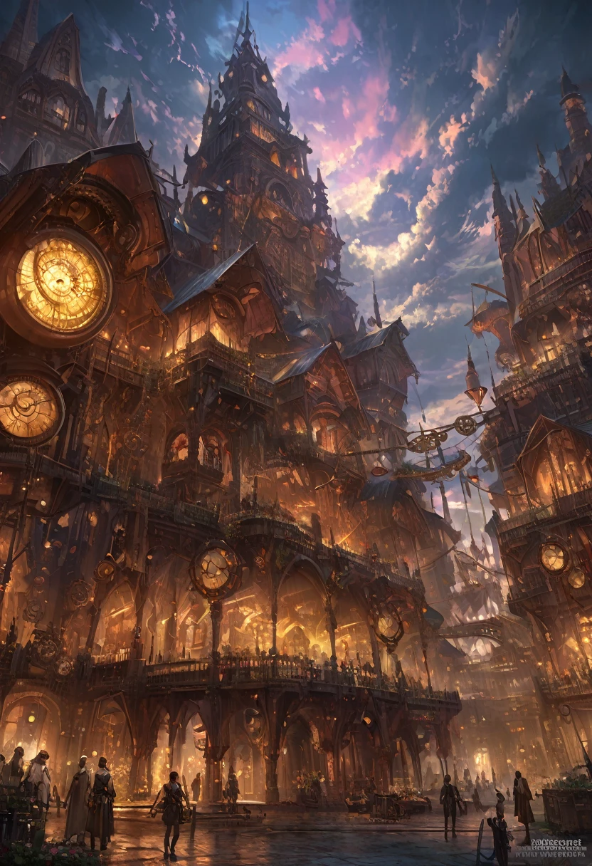 8k detailed steampunk city floating in the sky, elaborate architecture, mystical technology, dramatic lighting, dramatic clouds, intricate details, vibrant colors, ultrarealistic, artstation, concept art