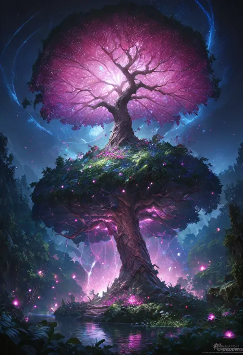 1girl, detailed beautiful fantasy magical plant forest, starry night sky, dark mystical background, glowing purple red lights, w...