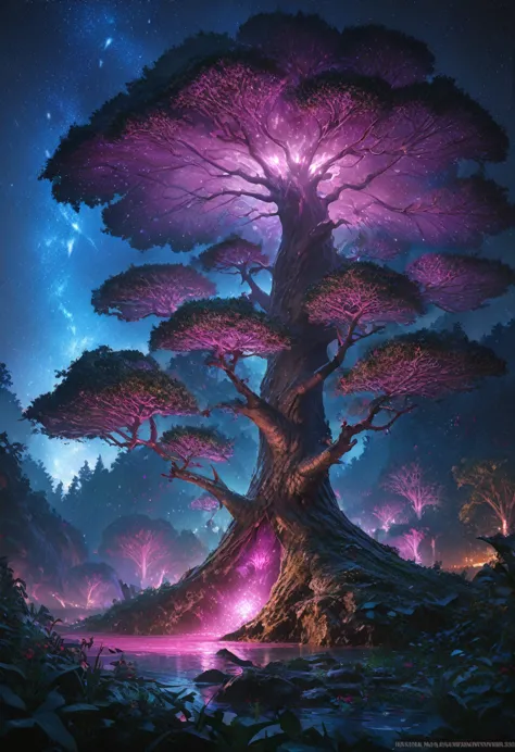 1girl, detailed beautiful fantasy magical plant forest, starry night sky, dark mystical background, glowing purple red lights, w...