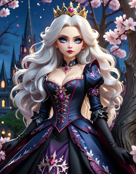 Close-up, cute vampire queen (leaning on tree:1.2) of Sakura, extravagant noble dress, (high sharp boots:1.2), (big crown:1.2), ...