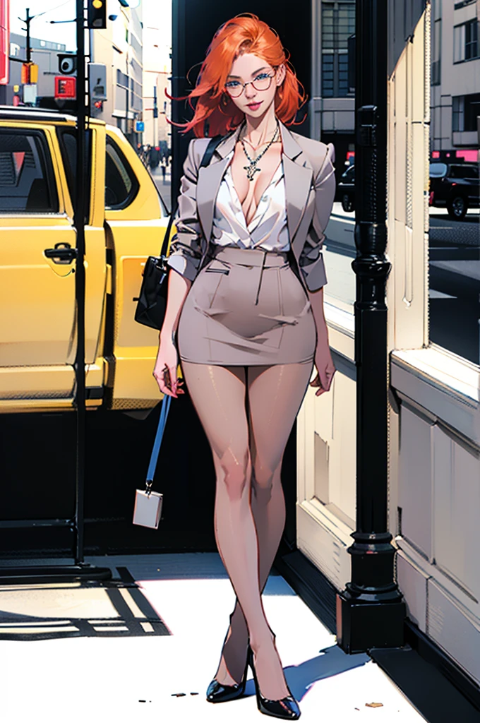 (sexy, confident),Walking city sidewalk, on her way to work.(rule of thirds),((ultra realistic illustration:1.2)), Tall, slender ((redhead)) woman of Irish descent. (pale:1.3)complexion. blue eyes, cute butt, nice legs. Kind eyes, cute smile. Eyeglasses, Mascara, eye shadow, blush, necklace, gray blazer and pencil skirt, blouse, (tan color RealPantyhose:1), stiletto heels. in bedroom. Masterpiece, (highly detailed:1.2),(detailed face and eyes:1.2), 8k wallpaper, natural lighting. core shadows, high contrast, bokeh.