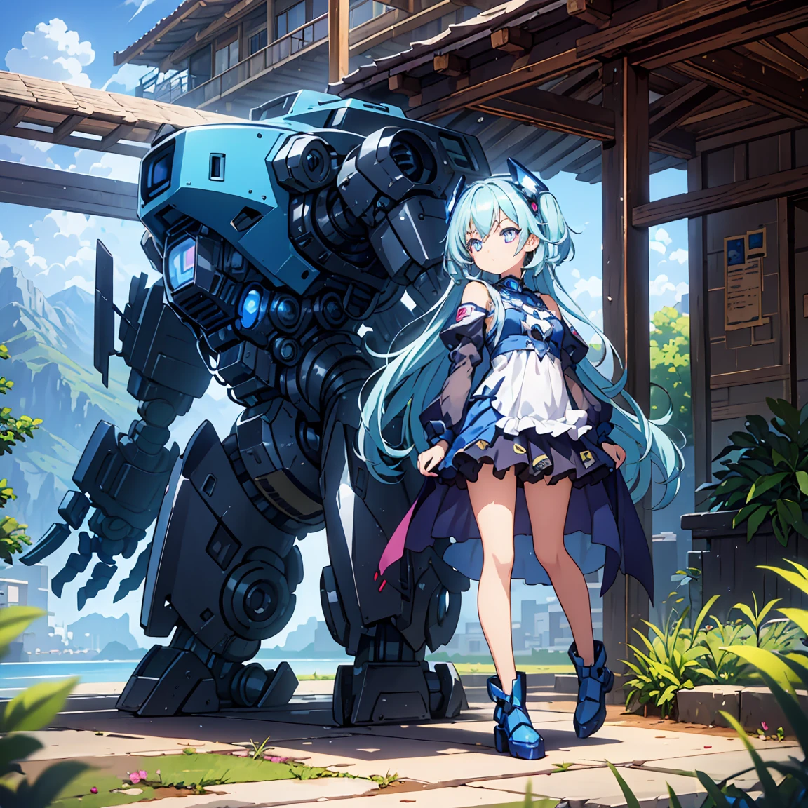 Anime, 2 Characters, (1 Little Anime Girl, Silver Blue Hair, blue glowing star-shaped eyes); (1 Robot, Mech, Tall, Cape, Luminous Eyes, Chunky, Fantasy, Lights, outdated, old style, bronze silver), Nature, Biomes with mountains