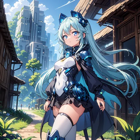 Anime, 2 Characters, (1 Little Anime Girl, Silver Blue Hair, blue glowing star-shaped eyes); (1 Robot, Mech, Tall, Cape, Luminou...