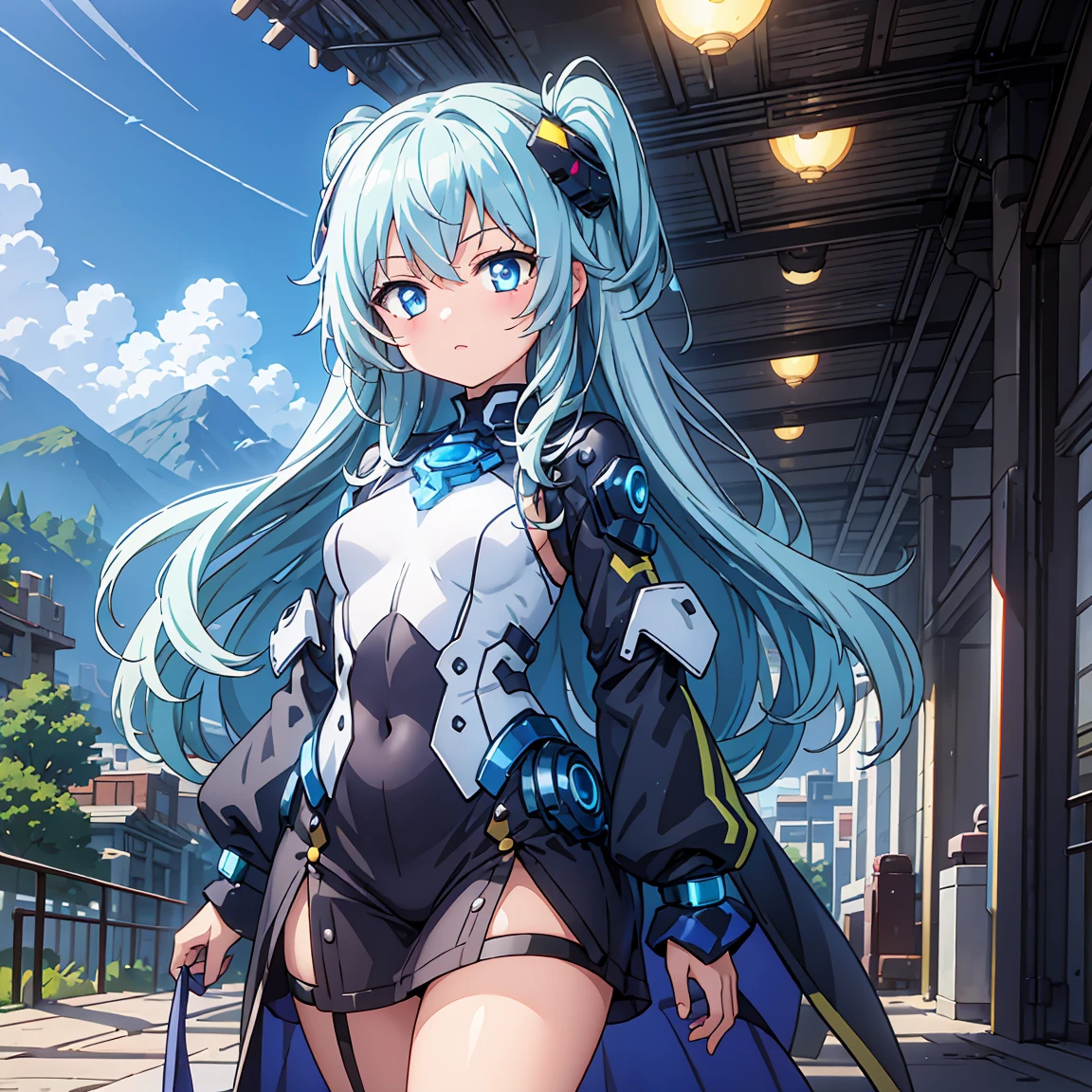 Anime, 2 Characters, (1 Little Anime Girl, Silver Blue Hair, blue glowing star-shaped eyes); (1 Robot, Mech, Tall, Cape, Luminous Eyes, Chunky, Fantasy, Lights, outdated, old style, bronze silver), Nature, Biomes with mountains