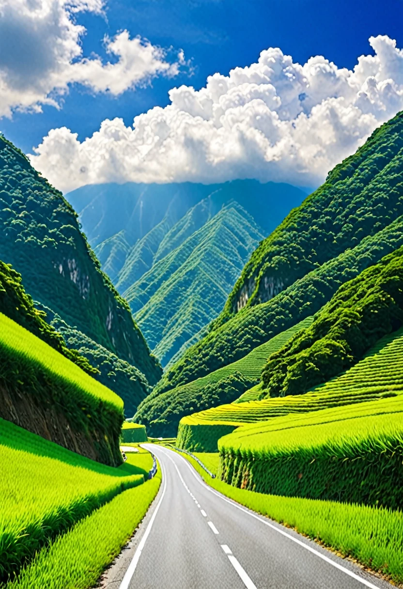 The Road to Heaven、A straight road that goes up and down again and again into the sky、can&#39;I don&#39;t know where the earth and sky are、Hilly Meadows、(((Realistic Landscape Painting)))、{{masterpiece、Highest quality、(((Realistic、Realistic:1.37)))、8K quality}}、wide々and a sight、refresh、Windblown grassland、A small figure of a woman gazing into the distance