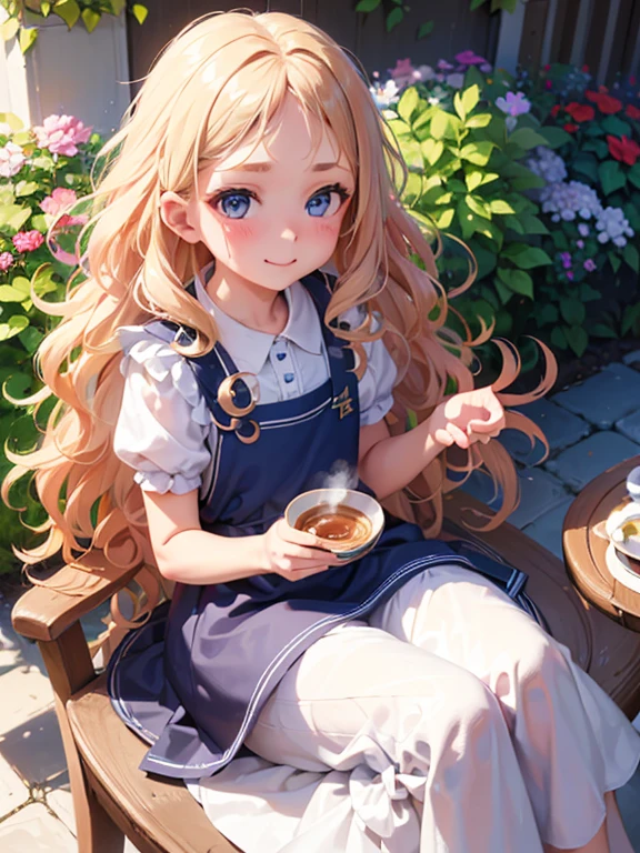 (8K, Highest quality, tableトップ:1.2), Ultra-high resolutionrl, Perfect Fingers, Detailed face, smile, blue eyes, Blonde, (wavy hair:1.5), (Blue Apron Dress), garden, flower bed, table, tableクロス, Black tea, Tea cup, cake, (Sit on a chair)