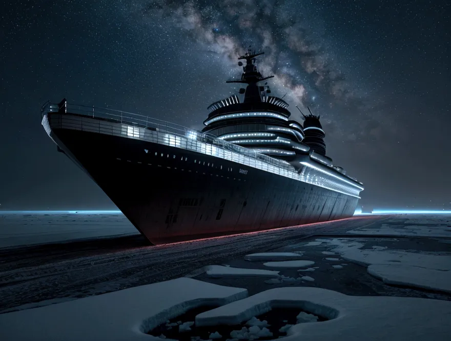 on a frozen planet, an alien spaceship of futuristic and organic design is parked on the icy surface. the ship has an imposing s...