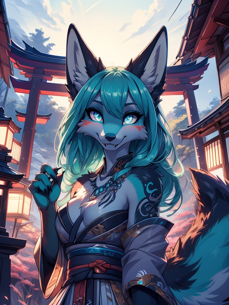 Miku Hatsune x vixen high definition good anatomy add_detail:1, blue fur,kitsune ears, tribal tattoo add_detail:1, cute girl add_detail:1, feudal priestess clothing add_detail:1, japanese shrine landscape add_detail:1, japanese shrine costume add_detail:1, add_detail:1, fullbody  descalza add_detail, highly detailed face, deep aqua iris add_detail:1 lighting eyes add_detail:3, wolf claws, sharp fangs add_detail:1, wild slut add_detail:1