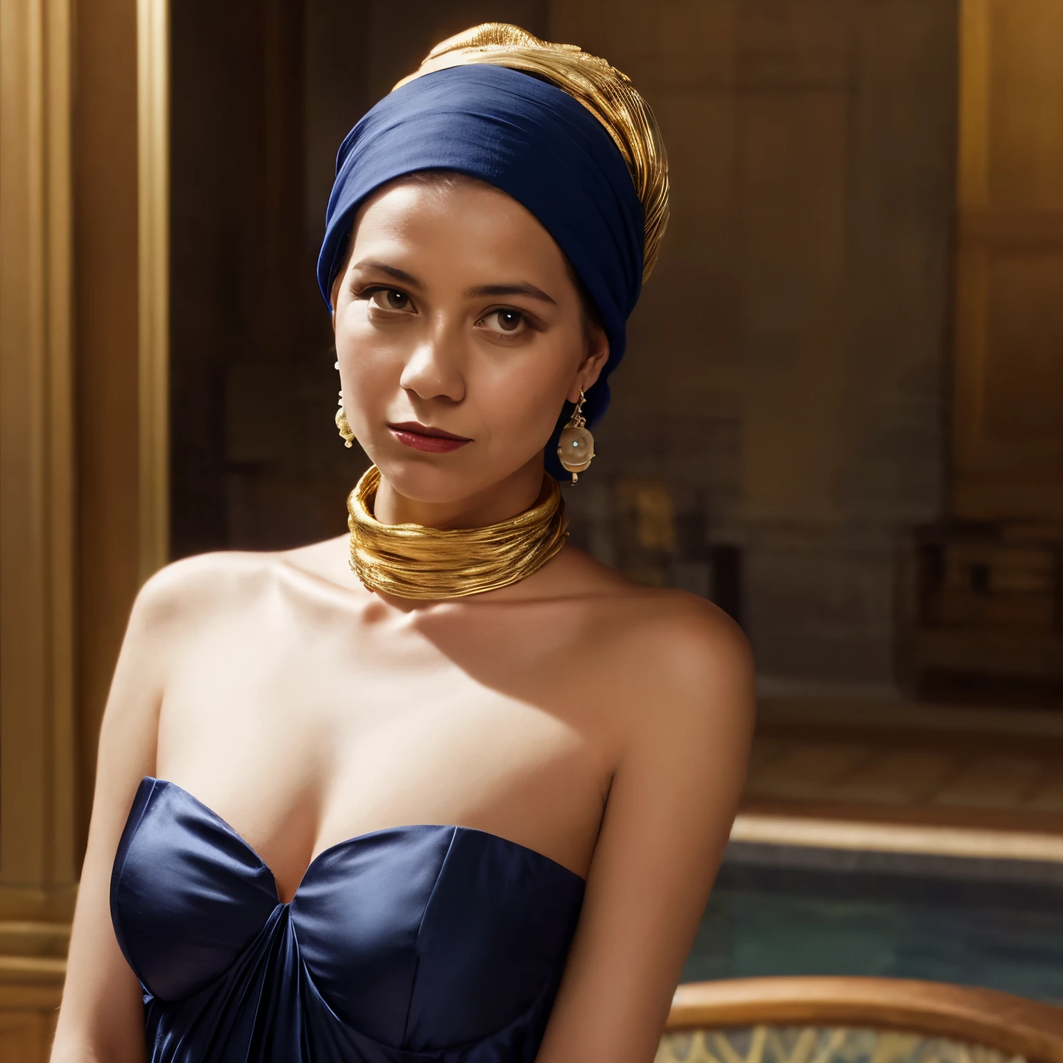 1woman LaGermania posing in identical clothes as the Girl with a Pearl Earring in front of the Girl with a Pearl Earring. LaGermania wears a dark blue turban intricately wrapped around her head, with a golden yellow scarf cascading over her shoulder, made of rich silk with fine, shimmering threads. Her outfit includes a modest, dark brown dress with a delicate white collar and cuffs, crafted from soft, high-quality fabric. The pearl earring, a single large, lustrous gem, dangles from her ear, reflecting the soft light. The background features the Girl with a Pearl Earring painting, framed elegantly in a simple, dark wood frame, enhancing the timeless, classic beauty of the scene. LaGermania’s pose is turned slightly over her shoulder, with her gaze directed towards the viewer, capturing the enigmatic allure and subtle grace of the original portrait. 