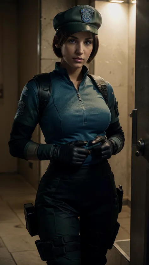 This image shows a character ((Jill Valentine)) in military or tactical clothing, probably from a video game. The character wear...