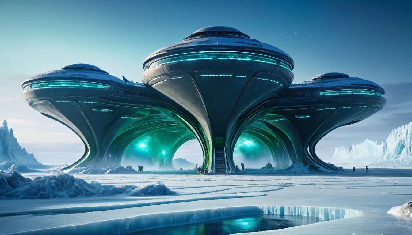 On a frozen planet, an alien spaceship of futuristic and organic design is parked on the icy surface. The ship has an imposing structure with curved shapes and luminous details that shine with blue and green tones.... Several members of the alien crew descend an extended ramp from the ship... These aliens have exotic shapes., with vibrantly colored skins and space suits adapted to the icy environment, showing advanced and incomprehensible technologies. In the background, A minimalist and brutalist concrete station is erected.. The station has straight and robust lines., with a solid and monolithic appearance, contrasting with the icy surroundings. The structure is simple but imposing., with large concrete blocks, small windows and thick walls that seem impenetrable.The sky is a deep blue with a faint glow of distant stars., and the surface of the planet is covered in ice and snow., reflecting the faint light of the distant sun. The atmosphere is cold and silent., with an air of mystery and adventure. cinematic lighting, very high resolution, 4k hyperrealistic image
