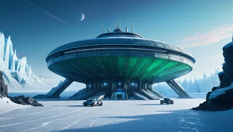 on a frozen planet, an alien spaceship of futuristic and organic design is parked on the icy surface. the ship has an imposing s...