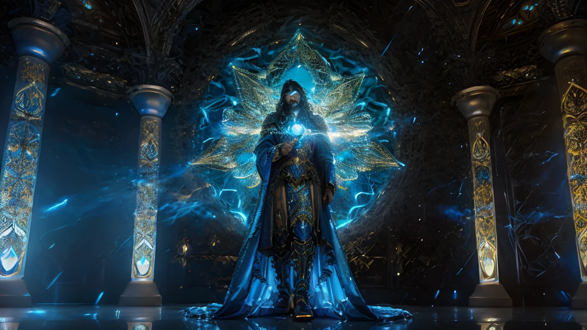 archangel metatron,male angel,glowing blue energy aura,emanating divine light,celestial being,floating in space,detailed angelic features,ornate robes and armor,dramatic lighting,cinematic composition,intricate details,dramatic and epic,vibrant colors,otherworldly atmosphere,majestic and powerful,photorealistic,((cinematic lighting)),8k,highres,masterpiece