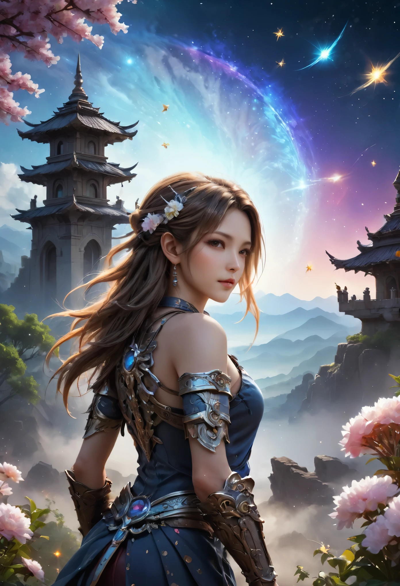 8K resolution, masterpiece, Highest quality, Award-winning works, unrealistic, final fantasy, Royal Jewel,Photorealistic Painting by Midjourney and Greg Rutkowski, , elegant, Very detailed, Delicate depiction of hair, miniature painting, Digital Painting, Art Station, Concept Art, Smooth, Sharp focus, shape, nature, Asura, God of War, Castle in the Sky, A strip of light pouring down from the sky, A pillar of light stretching to the sky, Complex colors, Buddhist Mandala, Colorful magic circle, flash, Mysterious Background, Aura, A gentle gaze, BREAK, Small faint lights and flying fireflies, night, Starry Sky, milky way, nebula, shooting star, Flowers, birds, wind and moon,erotic, sole sexy lady, healthy shaped body, Anatomically accurate skeleton, 22 years old lady, Asura, 170cm tall, huge firm bouncing busts, Holy sword in both hands