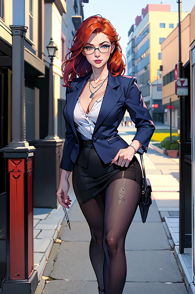 (sexy, confident),Walking city sidewalk, on her way to work.(rule of thirds),((ultra realistic illustration:1.2)), Tall, slender ((redhead)) woman of Irish descent. (pale:1.3)complexion. blue eyes, cute butt, nice legs. Kind eyes, cute smile. Eyeglasses, Mascara, eye shadow, blush, necklace, gray blazer and pencil skirt, blouse, (tan color RealPantyhose:1), stiletto heels. in bedroom. Masterpiece, (highly detailed:1.2),(detailed face and eyes:1.2), 8k wallpaper, natural lighting. core shadows, high contrast, bokeh.