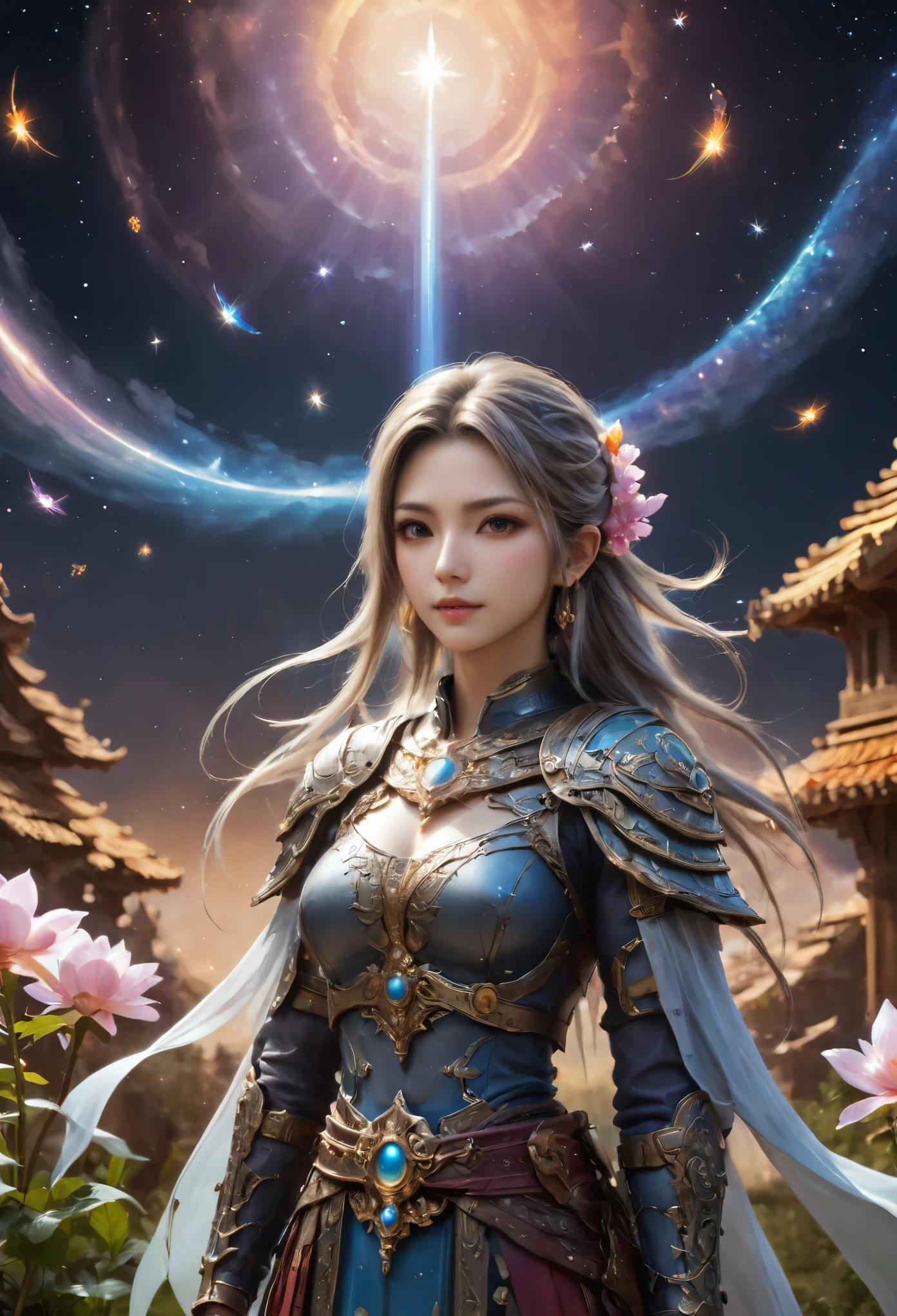 8K resolution, masterpiece, Highest quality, Award-winning works, unrealistic, final fantasy, Royal Jewel,Photorealistic Painting by Midjourney and Greg Rutkowski, , elegant, Very detailed, Delicate depiction of hair, miniature painting, Digital Painting, Art Station, Concept Art, Smooth, Sharp focus, shape, nature, Asura, God of War, Castle in the Sky, A strip of light pouring down from the sky, A pillar of light stretching to the sky, Complex colors, Buddhist Mandala, Colorful magic circle, flash, Mysterious Background, Aura, A gentle gaze, BREAK, Small faint lights and flying fireflies, night, Starry Sky, milky way, nebula, shooting star, Flowers, birds, wind and moon,erotic, sole sexy lady, healthy shaped body, Anatomically accurate skeleton, 22 years old lady, Asura, 170cm tall, huge firm bouncing busts, Holy sword in both hands