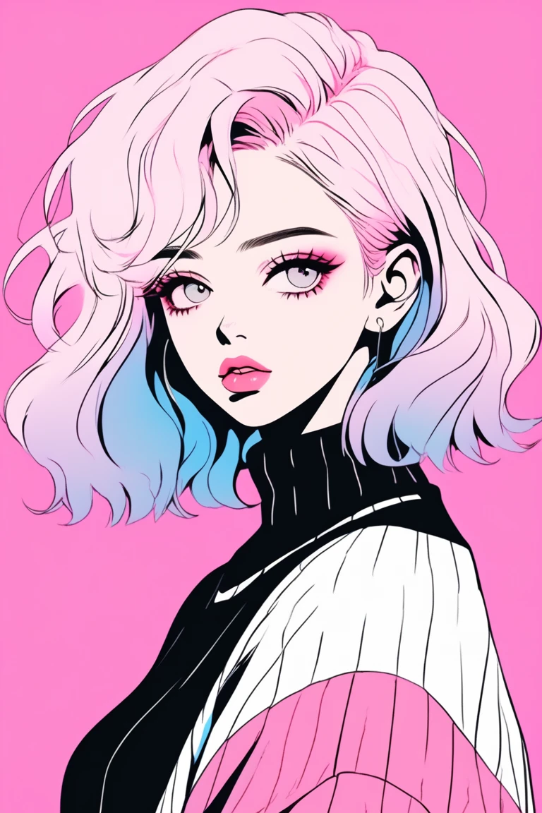 (Highest quality, sketch:1.2),Realistic,Illustrator,anime,1 Girl, Detailed lips,sweater,custom,Pink gradient background,Neon Hair,Texture Cropping,masterpiece, Style: Retro Classic, Dark Black 