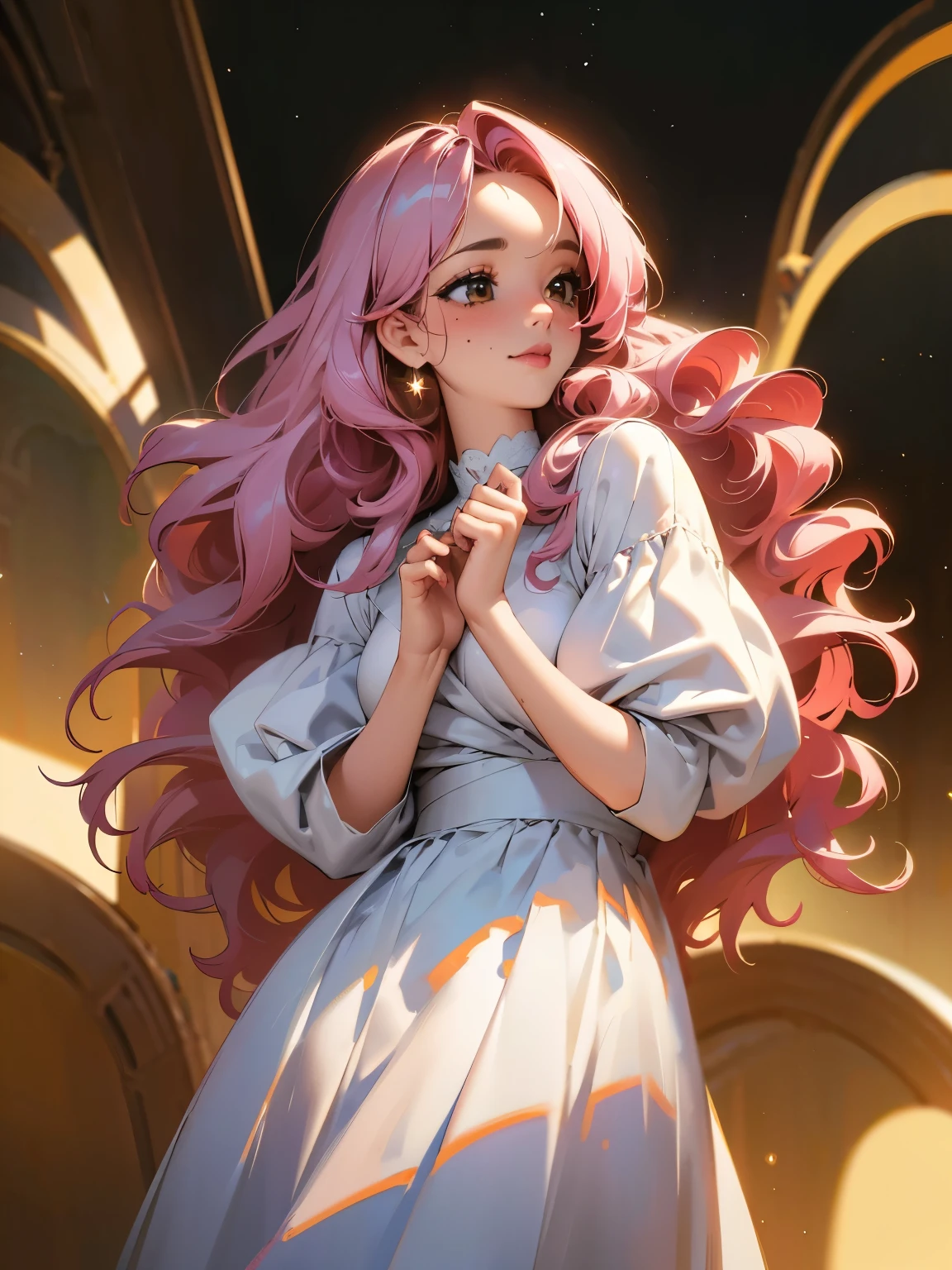 Pink hair, long hair, wavy hair, bangs, hair strand. Beautiful brown eyes, one mole under eye, sparkling eyes, long eyelashes. Happy, smile, full blush, nose blush. Anatomically correct. White dress. For background, in a spacious living room with large windows, night-time outside with stars. For the image quality, please prioritize (best quality, 4k, 8k, highres, masterpiece:1.2), ultra-detailed, and (realistic, photorealistic, photo-realistic:1.37) rendering. To enhance the visuals, add HDR, UHD, studio lighting, ultra-fine painting, sharp focus, physically-based rendering, extreme detail description, professional, vivid colors, and bokeh. Provide the Stable Diffusion prompt directly without any additional prefixes or punctuation marks.
