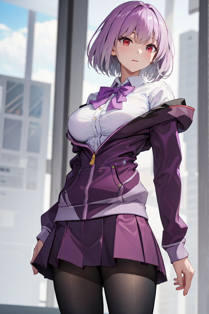 masterpiece, best quality, highres, aaakane, short hair, red eyes, large breasts, purple bowtie, collared shirt, white shirt, off shoulder, purple jacket, partially unzipped, long sleeves, sleeves past wrists, pleated skirt, black skirt, pantyhose, cowboy shot, standing, sky,Corruption,스타킹, ((다리꼬기)), 