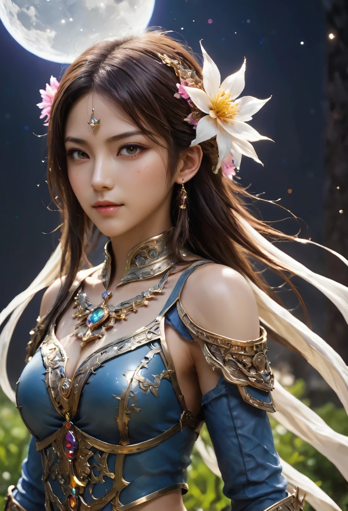 8K resolution, masterpiece, Highest quality, Award-winning works, unrealistic, final fantasy, Royal Jewel,Photorealistic Painting by Midjourney and Greg Rutkowski, , elegant, Very detailed, Delicate depiction of hair, miniature painting, Digital Painting, Art Station, Concept Art, Smooth, Sharp focus, shape, nature, Clear shadows, Asura, God of War, Castle in the Sky, A strip of light pouring down from the sky, A pillar of light stretching to the sky, Complex colors, Buddhist Mandala, Colorful magic circle, flash, Mysterious Background, Aura, A gentle gaze, BREAK, Small faint lights and flying fireflies, night, Starry Sky, milky way, nebula, shooting star, Flowers, birds, wind and moon,erotic, sole sexy lady, healthy shaped body, Anatomically accurate skeleton, 22 years old lady, Asura, 170cm tall, huge firm bouncing busts, Holy sword in both hands, Complicated armor, Brightly colored armor