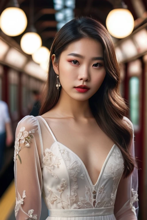 (masterpiece:1.35),(bestquality:1.4),8k,ultra-detailed,photography,(ultra-realistic:1.4),Art Composition,1girl,asian slim girl,solo,brown hair,flower,dress,see-through,perfect skin,(extremely deteailed hair),(very detailed eyes),perfect finger,natural skin texture,brown eyes,lips,photograph,hyperrealism,cinematic color grading,cyberpunk,1girl,woman,beautiful,brightly lit interior,in a Romantic Goth train station,(front view:1.486),