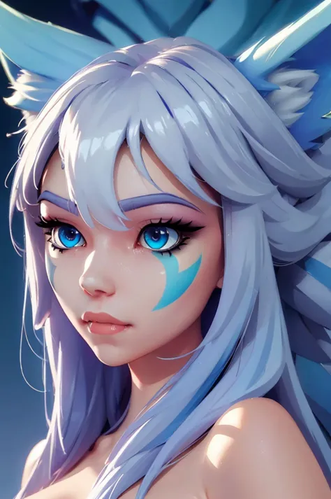 io,blue eyes, wolf ears, wolf tail, very long light blue hair, facial mark on left cheek,twin braids, fang, 
 moonlight, grass, ...