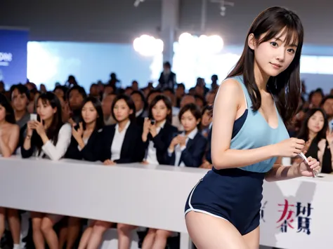 a live-action photo of an extremely beautiful japanese high school girl race queen who highlights her large breasts and beautifu...