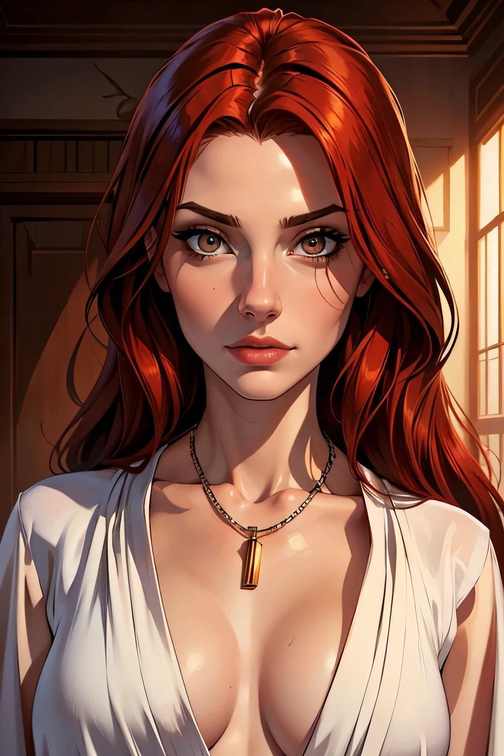 best qualityer, work of art, (realisitic: 1.2), 1 girl, slender girl, Red hair, eyes browns, front, face detailed, gorgeous eyes, eyes browns, eyes large, breasts small, neckleace, long robe