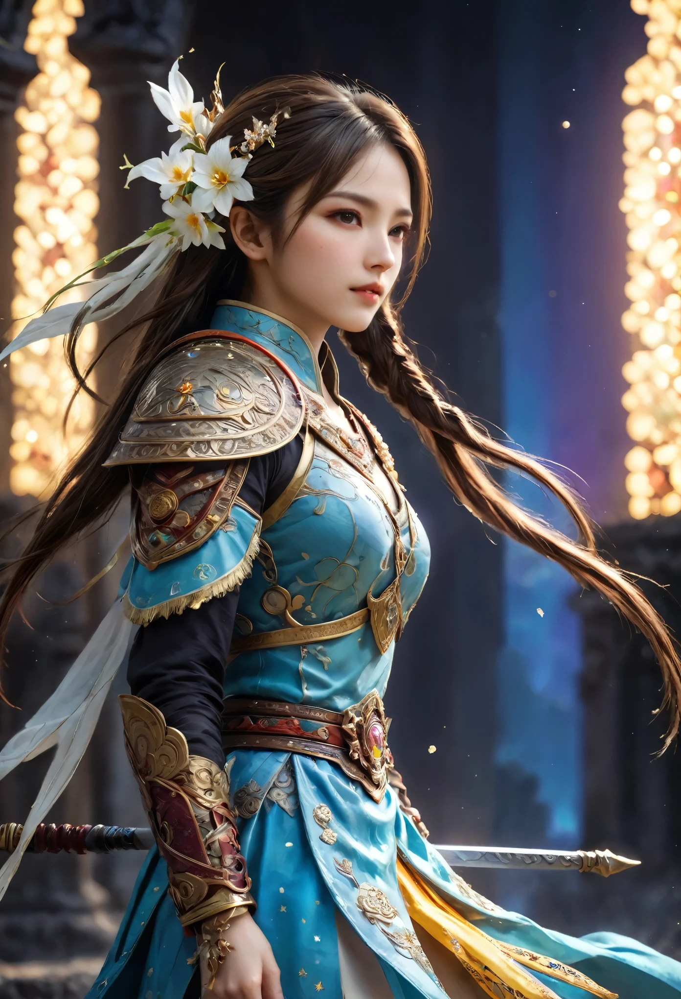 8K resolution, masterpiece, Highest quality, Award-winning works, unrealistic, final fantasy, Royal Jewel,Photorealistic Painting by Midjourney and Greg Rutkowski, , elegant, Very detailed, Delicate depiction of hair, miniature painting, Digital Painting, Art Station, Concept Art, Smooth, Sharp focus, shape, nature, Clear shadows, Full body portrait, Asura, God of War, Castle in the Sky, A strip of light pouring down from the sky, A pillar of light stretching to the sky, Complex colors, Buddhist Mandala, Colorful magic circle, flash, Mysterious Background, Aura, A gentle gaze, BREAK, Small faint lights and flying fireflies, night, Starry Sky, milky way, nebula, shooting star, Flowers, birds, wind and moon,erotic, sole sexy lady, healthy shaped body, Anatomically accurate skeleton, 22 years old lady, Asura, 170cm tall, huge firm bouncing busts, Holy sword in both hands, Complicated armor, Brightly colored armor, battlefield, fight, dash