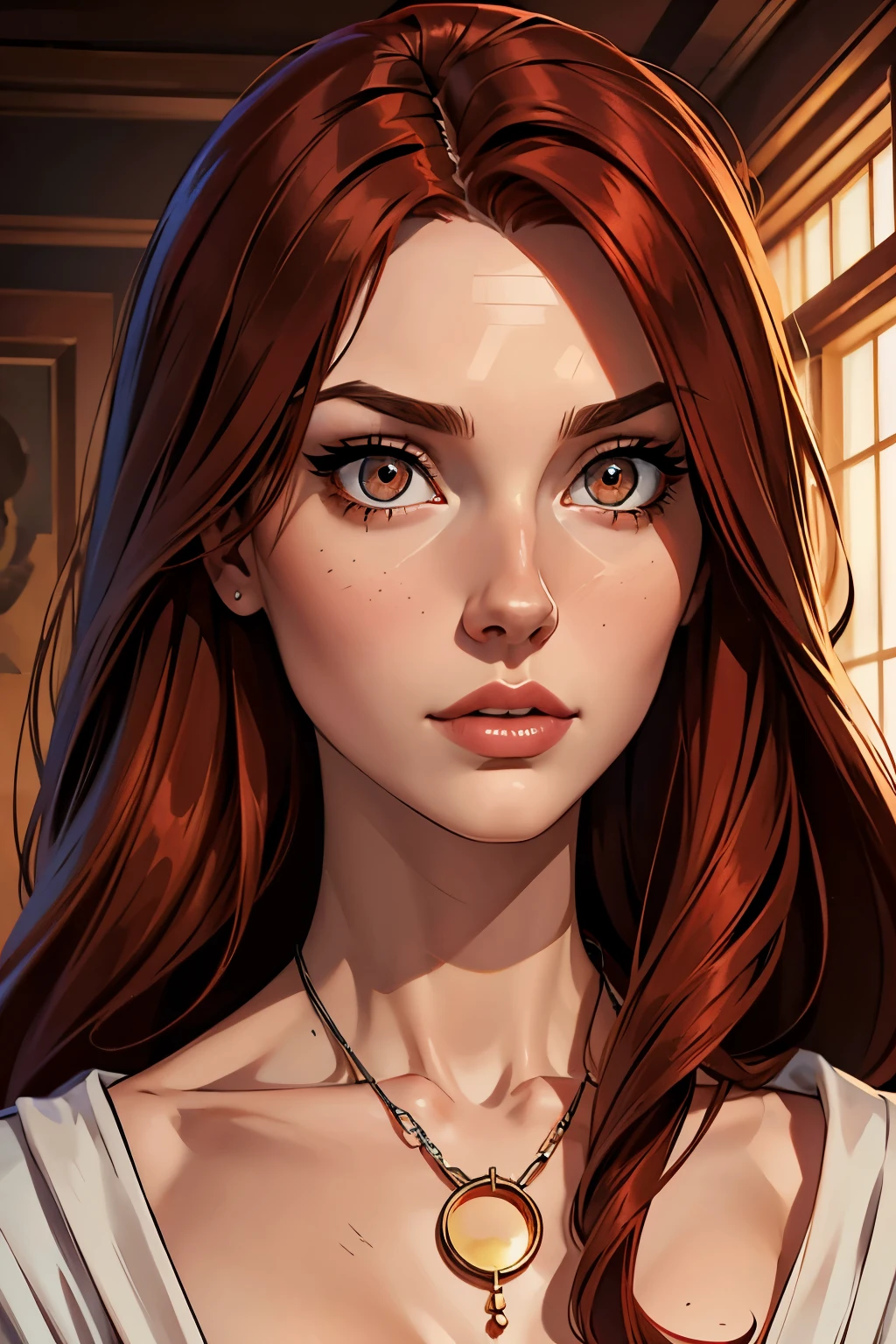 best qualityer, work of art, (realisitic: 1.2), 1 girl, slender girl, Red hair, eyes browns, front, face detailed, gorgeous eyes, eyes browns, eyes large, breasts small, neckleace, long robe