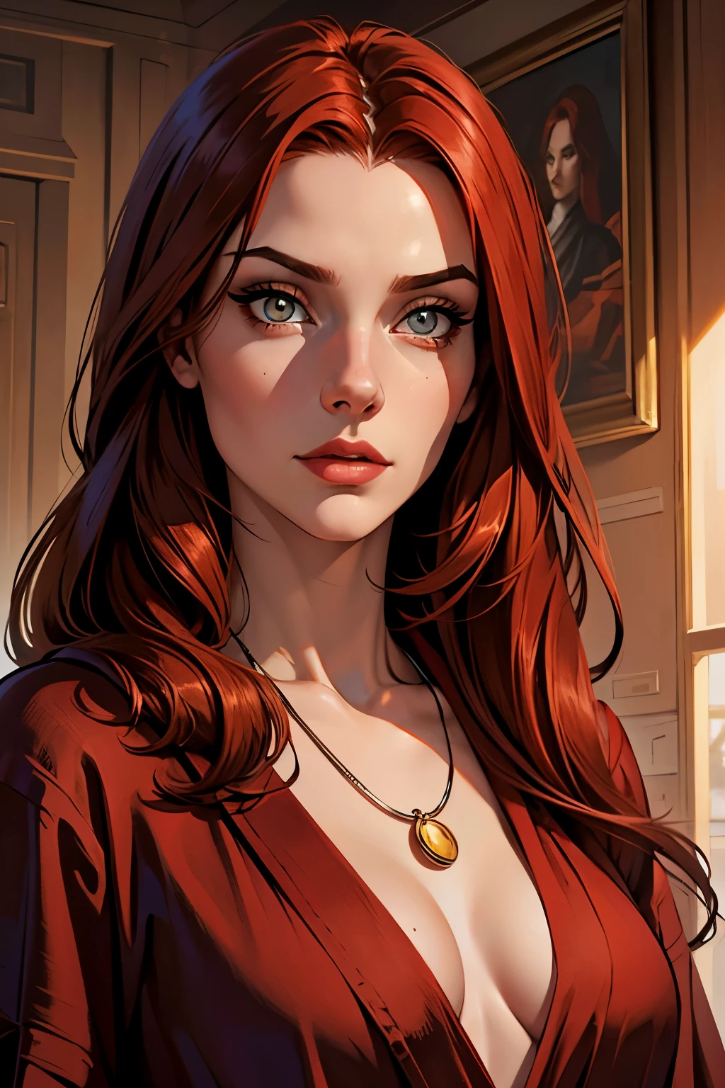 best qualityer, work of art, (realisitic: 1.2), 1 girl, slender girl, Red hair, eyes browns, front, face detailed, gorgeous eyes, eyes browns, eyes large, breasts small, neckleace, long robe