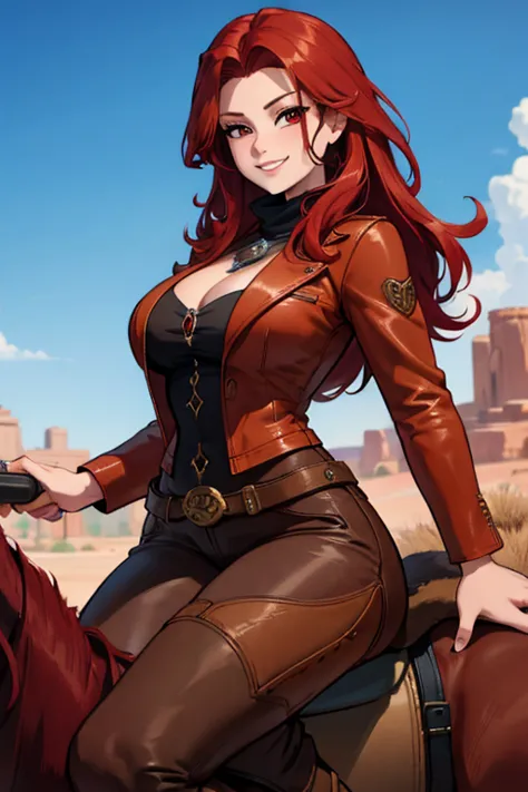 a red haired woman with red eyes with an hourglass figure in a conservative cowgirl outfit is riding a horse in the desert with ...