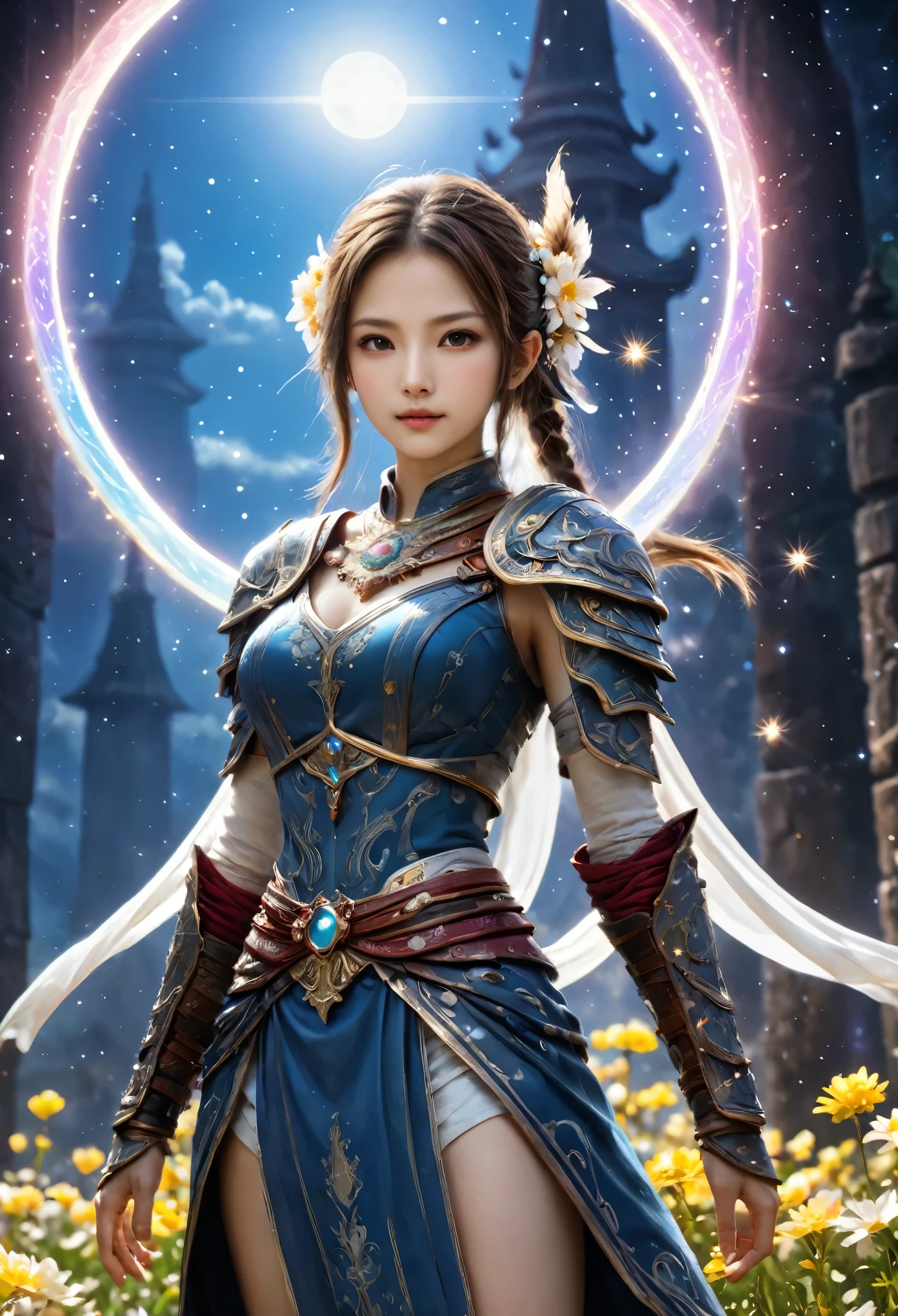 8K resolution, masterpiece, Highest quality, Award-winning works, unrealistic, final fantasy, Royal Jewel,Photorealistic Painting by Midjourney and Greg Rutkowski, , elegant, Very detailed, Delicate depiction of hair, miniature painting, Digital Painting, Art Station, Concept Art, Smooth, Sharp focus, shape, nature, Clear shadows, Full body portrait, Asura, God of War, Castle in the Sky, A strip of light pouring down from the sky, A pillar of light stretching to the sky, Complex colors, Buddhist Mandala, Colorful magic circle, flash, Mysterious Background, Aura, A gentle gaze, BREAK, Small faint lights and flying fireflies, night, Starry Sky, milky way, nebula, shooting star, Flowers, birds, wind and moon,erotic, sole sexy lady, healthy shaped body, Anatomically accurate skeleton, 22 years old lady, Asura, 170cm tall, huge firm bouncing busts, Holy sword in both hands, Complicated armor, Brightly colored armor, battlefield, fight, dash
