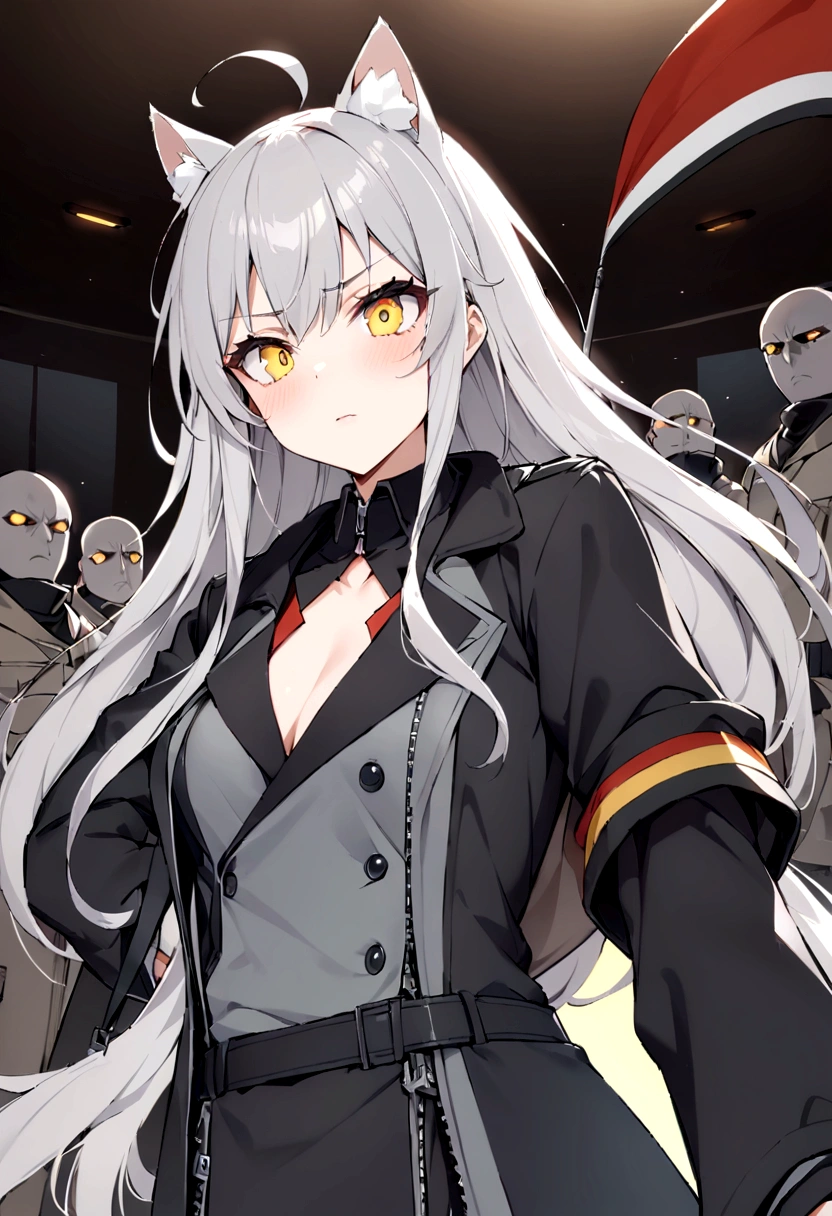 Raising the German flag in the conference room、Serious face、A large number of subordinates can be seen in the distance、Surrounded by operatives、Give a command、Secret Police Meeting Room、Gray cat ears、Gray cat earasterpiece, best quality:1.2), 1girl, 独奏、Grey long hair、Ahoge、Yellow Eyes、Background of a military base with guns、Fisheye Lens、battlefield、Shadows of light and darkness、Expressionless、battle、Gray trench coat、Put a black hoodie over your arm、Surrounded by enemies、Zip hoodie worn over the arm