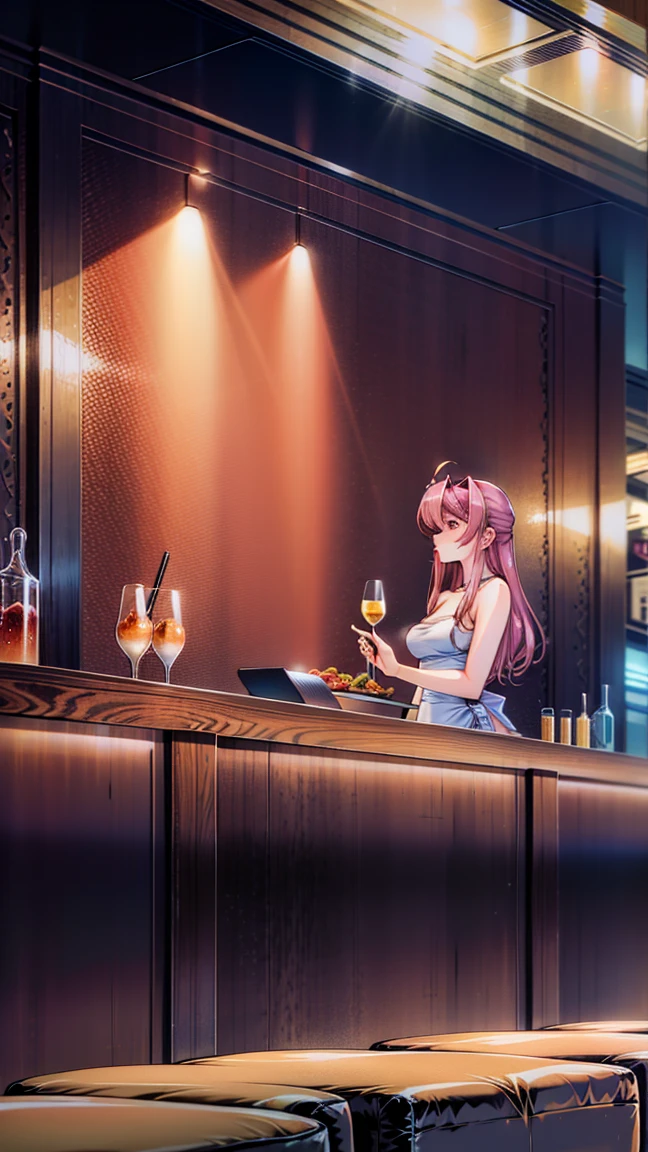 An illustration showing modern-day craft cocktails in a trendy bar. The scene includes a bartender using innovative techniques and high-quality ingredients to create unique cocktails. The background features modern bar design elements, such as stylish lighting, contemporary furniture, and patrons enjoying their drinks.