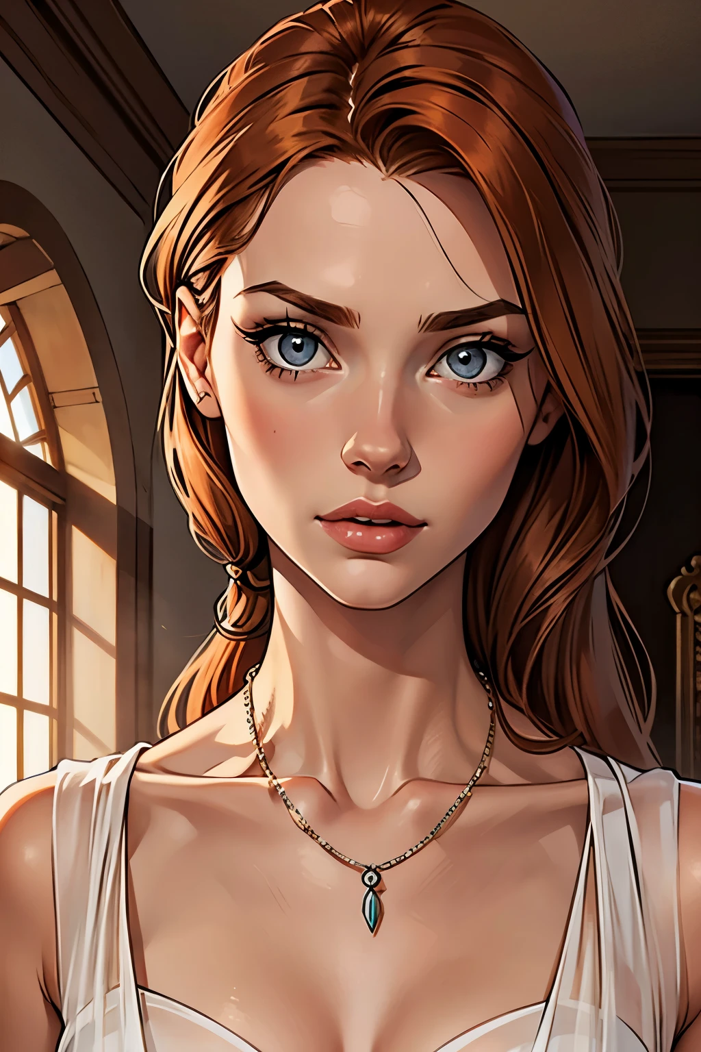 best qualityer, work of art, (realisitic: 1.2), 1 girl, slender girl, ginger hair, eyes browns, 3/4 view, face detailed, gorgeous eyes, eyes gray, eyes large, breasts small, necklace, see through gown