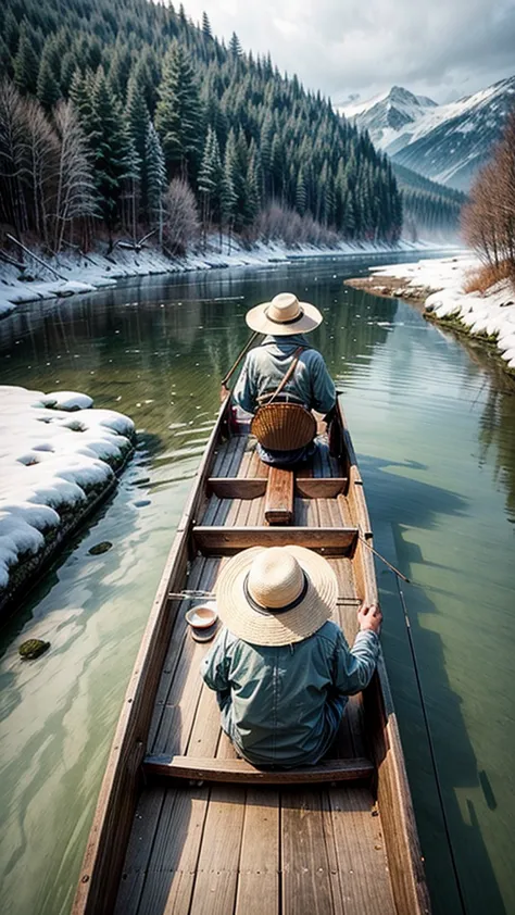 old man in straw hat and raincoat on a boat，fishing alone in the snowy river，lake，aesthetics