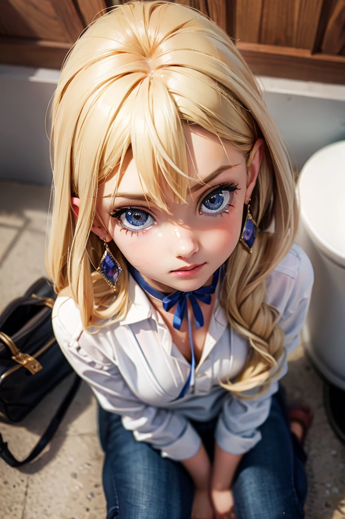 (view from above) (kneeling) (public toilet) hyperrealistic 14 year old american teen, blonde, perfect tiny body, sexy, dark makeup, small choker, perfect slim face, big red lips, very cute face, tiny body, big eyes, young looking, childish looking, big earrings, covered in cum