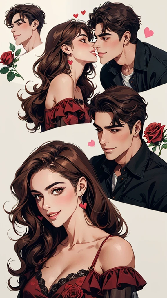 masterpiece, collage of couple,  1 woman, a beautiful female, long wavy black hair, brown eyes, 1 man, a beautiful man, brown eyes , short wavy hair, beautiful smile,  casual outfit, valentine, happy, smile, chocolate, roses, hearts, kiss, Kiss in the lips 