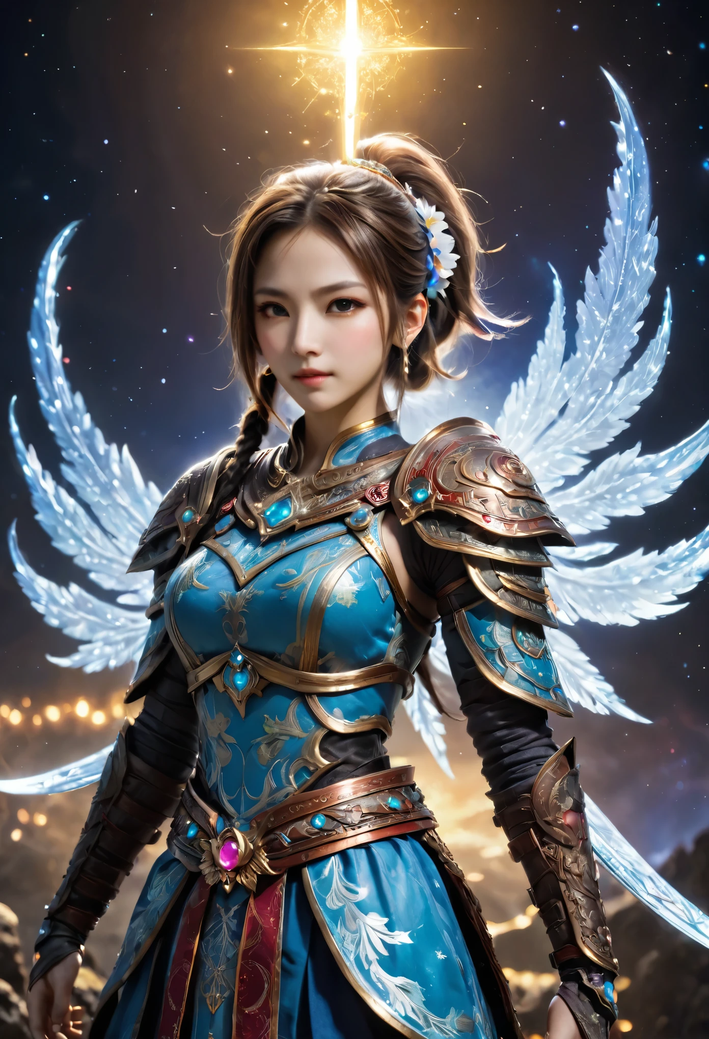8K resolution, masterpiece, Highest quality, Award-winning works, unrealistic, final fantasy, Royal Jewel,Photorealistic Painting by Midjourney and Greg Rutkowski, , elegant, Very detailed, Delicate depiction of hair, miniature painting, Digital Painting, Art Station, Concept Art, Smooth, Sharp focus, shape, nature, Clear shadows, Full body portrait, Asura, God of War, Castle in the Sky, A strip of light pouring down from the sky, A pillar of light stretching to the sky, Complex colors, Buddhist Mandala, Colorful magic circle, flash, Mysterious Background, Aura, Qinglong, A gentle gaze, BREAK, Small faint lights and flying fireflies, night, Starry Sky, milky way, nebula, shooting star, Flowers, birds, wind and moon,erotic, sole sexy lady, healthy shaped body, Anatomically accurate skeleton, 22 years old lady, Asura, 170cm tall, huge firm bouncing busts, Holy sword in both hands, Complicated armor, Brightly colored armor, battlefield, fight, dash,