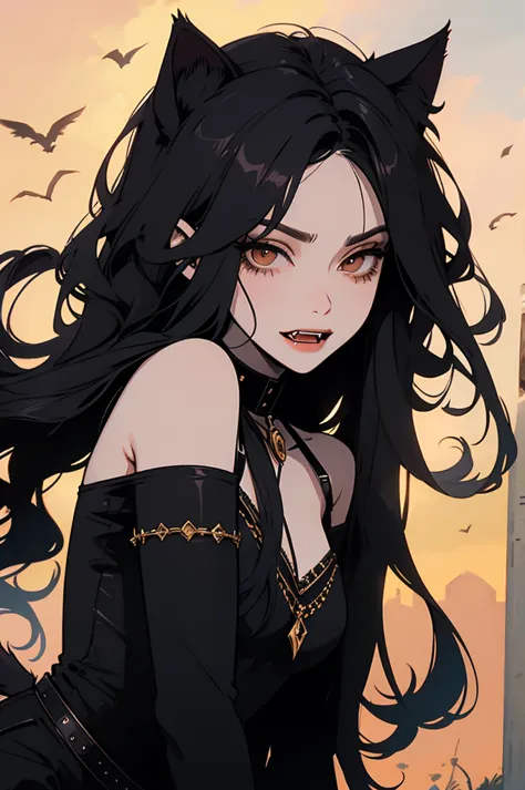 Half body, A beautiful woman, long wavy black hair, brown eyes, dark clothing, cat ears and tail, fangs, 