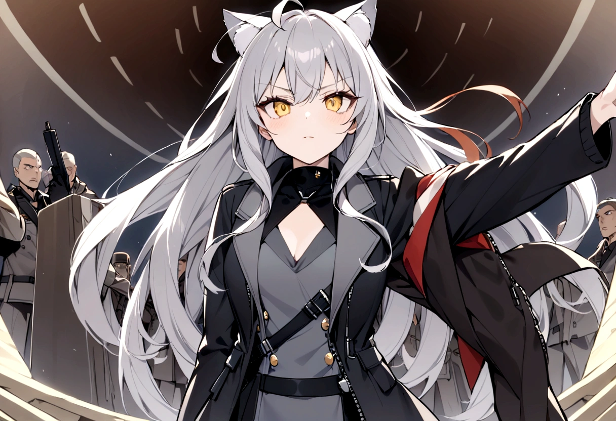 whole body、Raising the German flag in the conference room、Serious face、A large number of subordinates can be seen in the distance、Surrounded by operatives、Give a command、Secret Police Meeting Room、Gray cat ears、Gray cat earasterpiece, best quality:1.2), 1girl, 独奏、Grey long hair、Ahoge、Yellow Eyes、Background of a military base with guns、Fisheye Lens、battlefield、Shadows of light and darkness、Expressionless、battle、Gray trench coat、Put a black hoodie over your arm、Surrounded by enemies、Zip hoodie worn over the arm、whole body