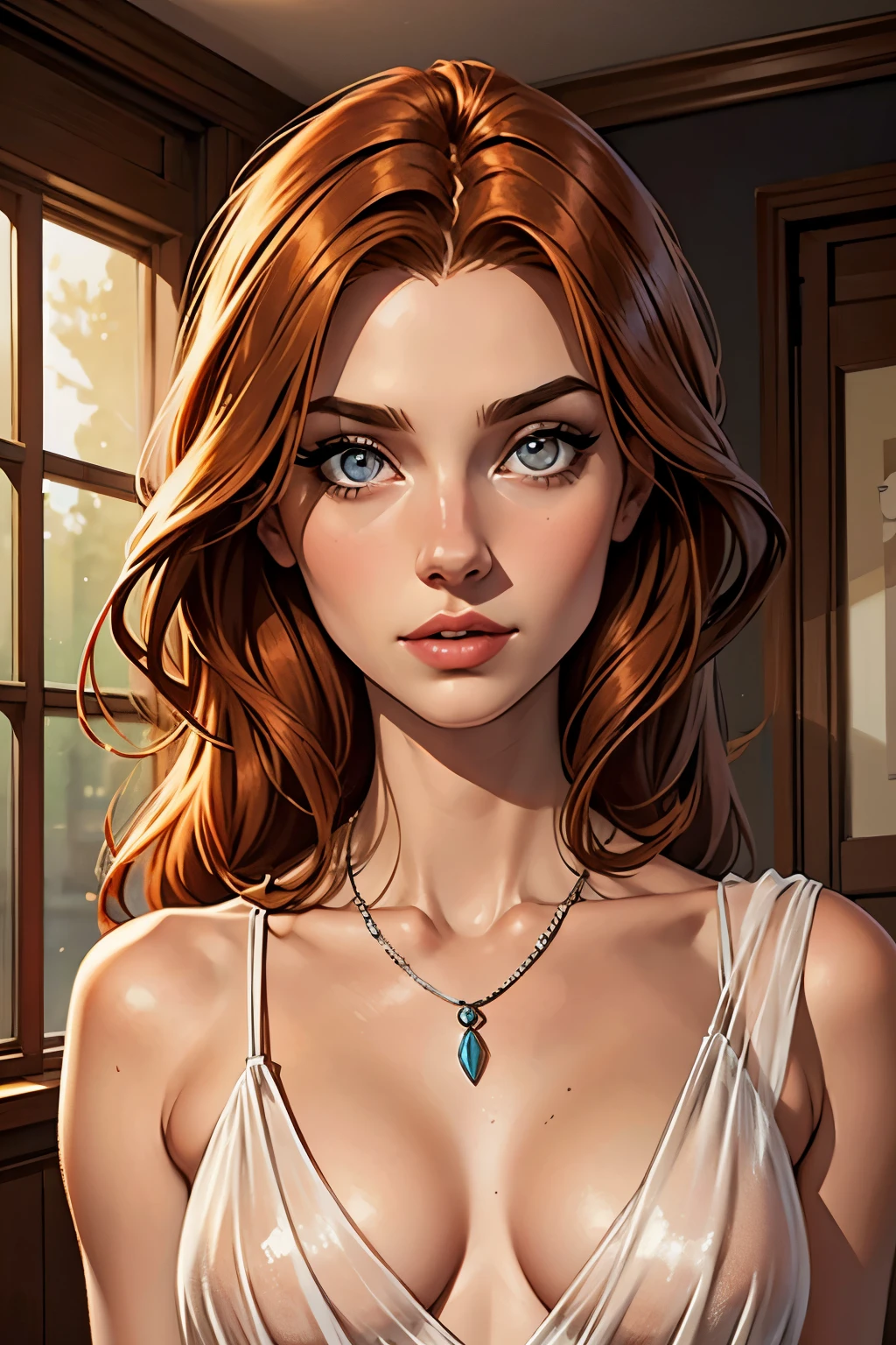 best qualityer, work of art, (realisitic: 1.2), 1 girl, slender girl, ginger hair, eyes browns, 3/4 view, face detailed, gorgeous eyes, eyes gray, eyes large, breasts small, necklace, see through gown