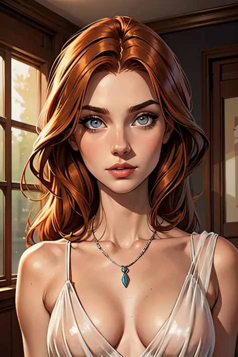 best qualityer, work of art, (realisitic: 1.2), 1 girl, slender girl, ginger hair, eyes browns, 3/4 view, face detailed, gorgeou...