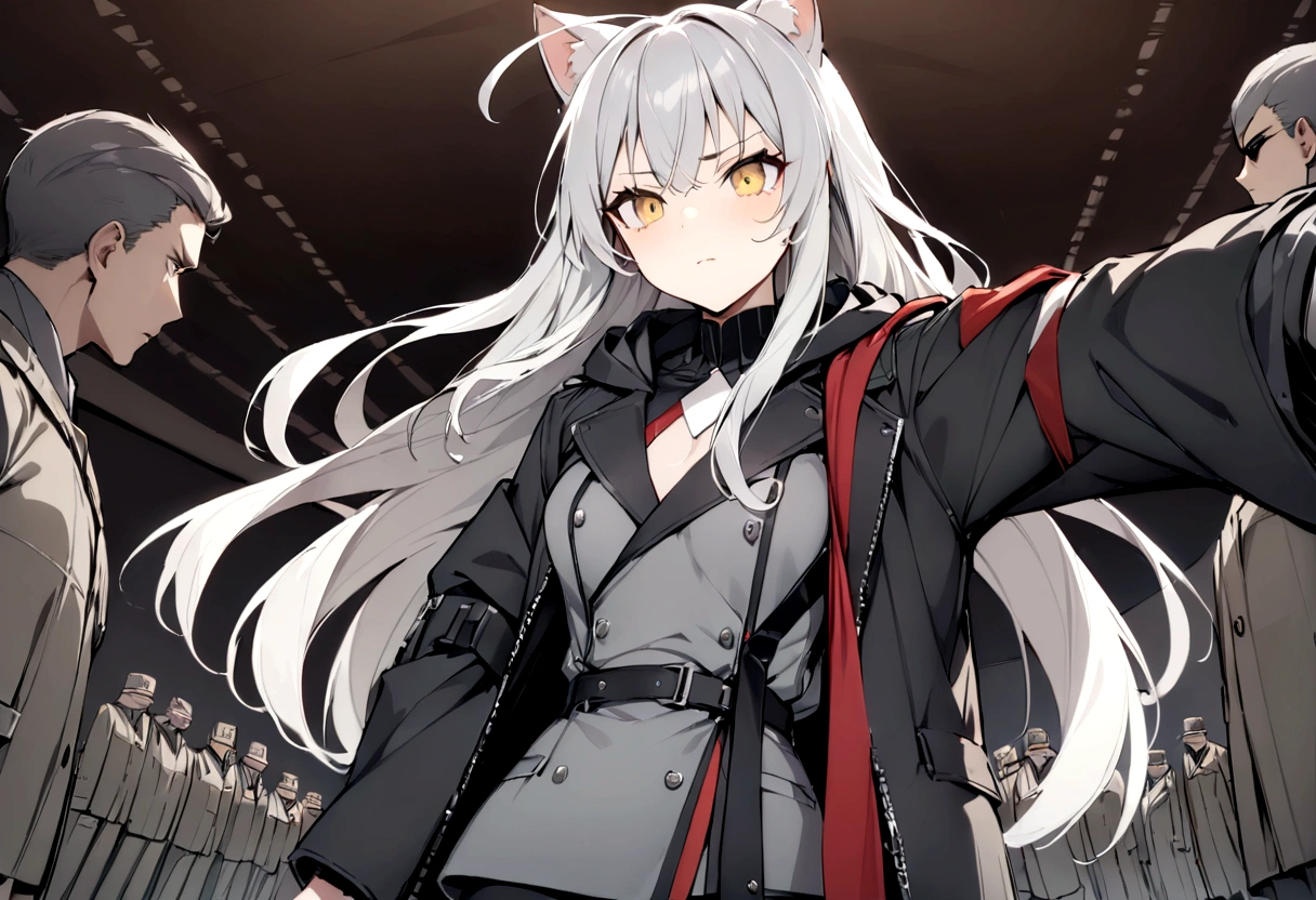 whole body、Raising the German flag in the conference room、Serious face、A large number of subordinates can be seen in the distance、Surrounded by operatives、Give a command、Secret Police Meeting Room、Gray cat ears、Gray cat ears、(masterpiece, best quality:1.2), 1girl, 独奏、Grey long hair、Ahoge、Yellow Eyes、Background of a military base with guns、Fisheye Lens、battlefield、Shadows of light and darkness、Expressionless、battle、Gray trench coat、Put a black hoodie over your arm、Surrounded by enemies、Zip hoodie worn over the arm、whole body