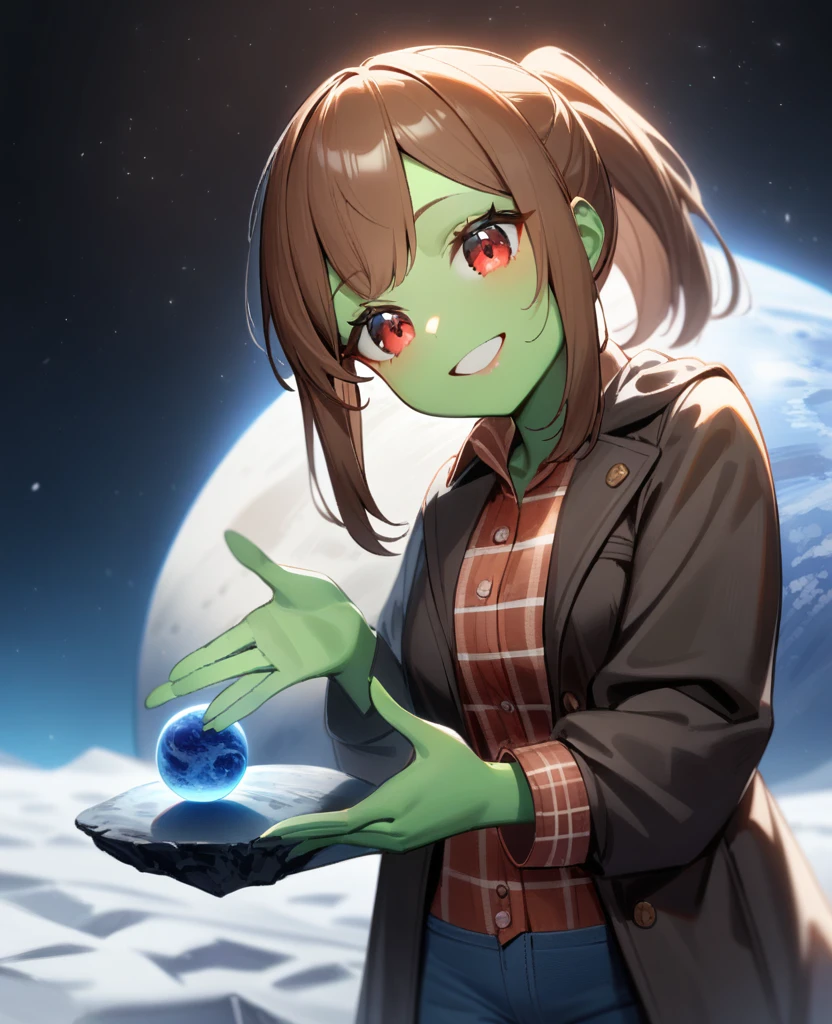 1girl,solo,red eyes,((brown hair:1.5)),ponytail,((light green skin)), old tattered black coat, tan jeans, flannel shirt,cowboy shot,on moon, blue and grey ringed planet in sky,Science fiction,ultra-detailed,sharp focus,aesthetic,(best quality) smiling, giantess