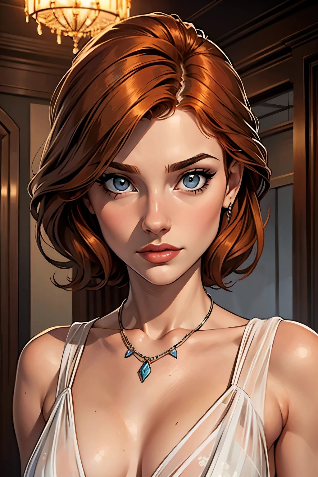 best qualityer, work of art, (realisitic: 1.2), 1 girl, slender girl, ginger hair, eyes browns, 3/4 view, face detailed, gorgeous eyes, eyes gray, eyes large, breasts small, necklace, see through gown