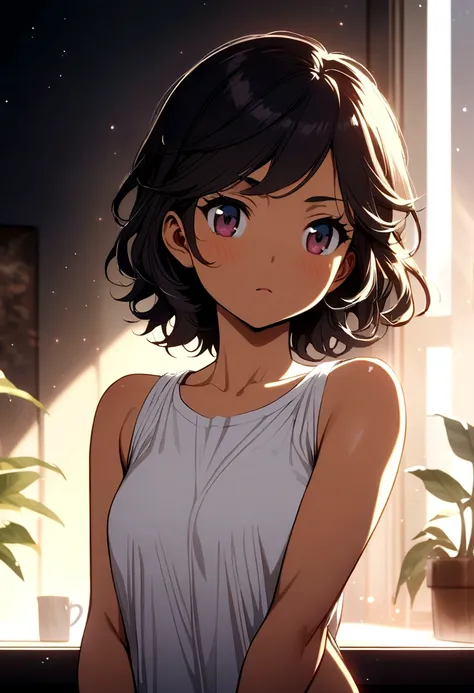 Anime girl,tomboy,light tan,short hair,wavy hair,sleevless shirt naked sexy  - SeaArt AI